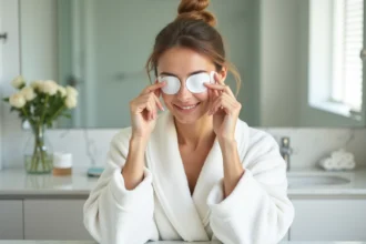 Femme en peignoir blanc appliquant des patchs sous les yeux