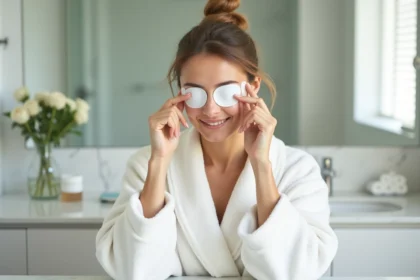 Femme en peignoir blanc appliquant des patchs sous les yeux