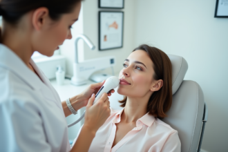 Femme recevant un traitement facial HIFU dans une clinique moderne
