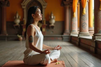 Femme assise en méditation dans un temple bouddhiste avec un tatouage lotus visible sur l'avant-bras