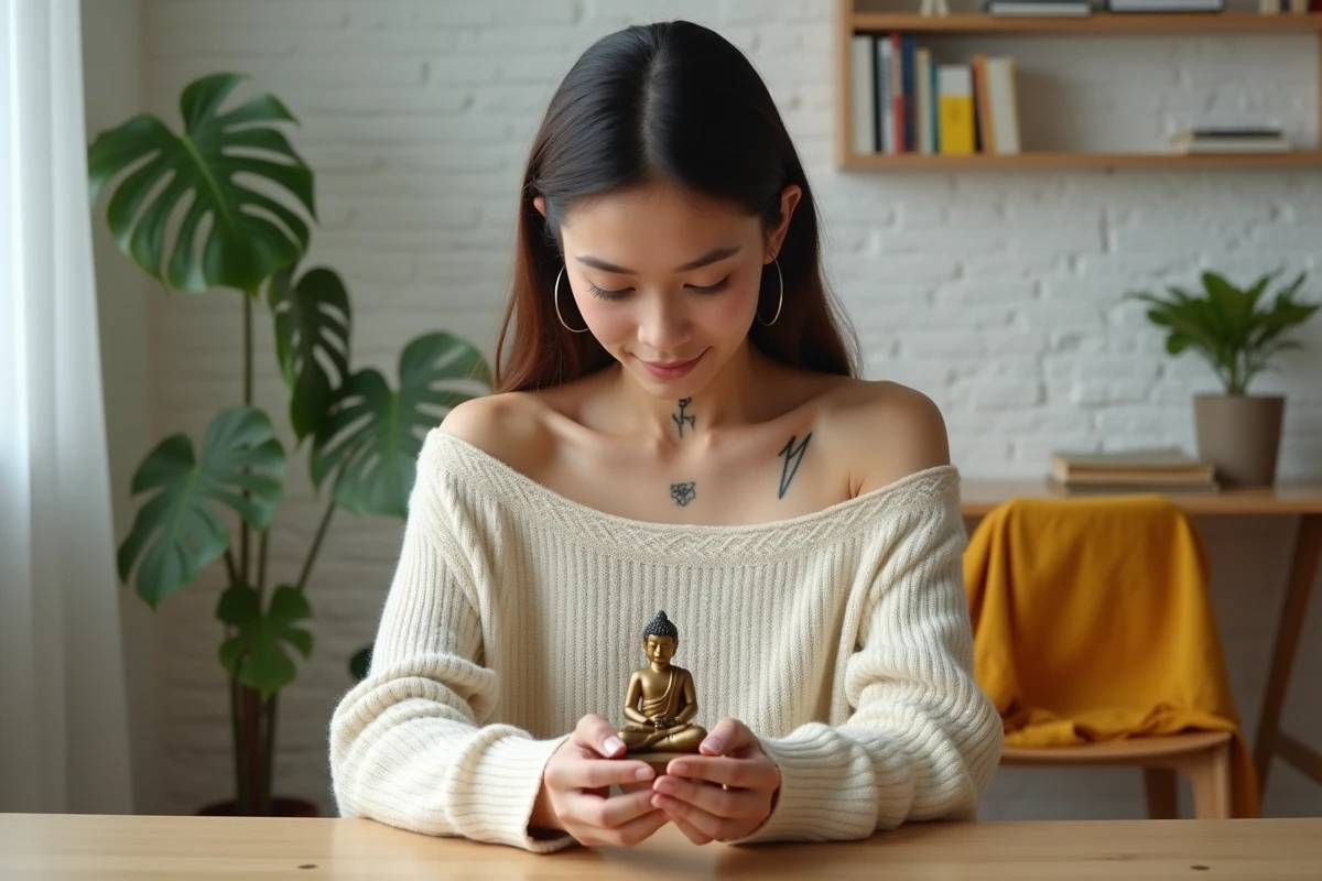 Jeune femme avec un tatouage bouddhiste Unalome sur la clavicule tenant une figurine de Bouddha dans un appartement zen