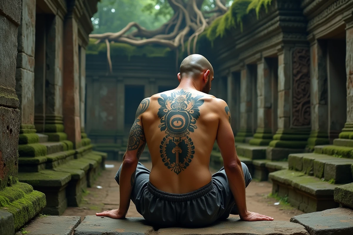 Homme de dos avec un tatouage Sak Yant bouddhiste sur le dos assis devant des ruines de temple khmer