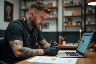 Tatoueur assis dans son studio consultant une calculette de coût de tatouage en ligne sur un ordinateur portable avec des tarifs imprimés sur le bureau