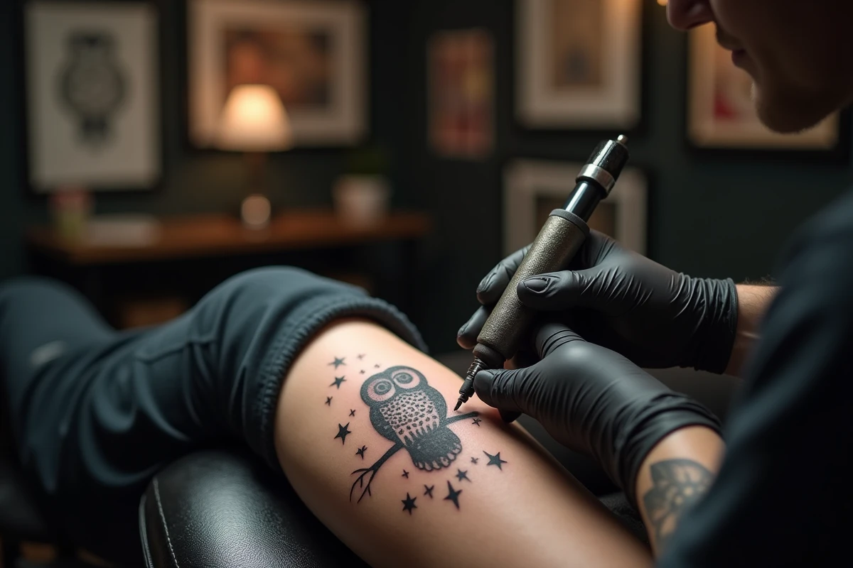 Tatoueur en train de réaliser un tatouage hibou et lune sur le bras d'un client dans un studio de tatouage professionnel