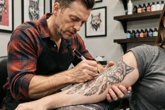 Tatoueur professionnel réalisant un tatouage tribal loup et attrape-rêves sur le bras d'un client dans un studio de tatouage moderne
