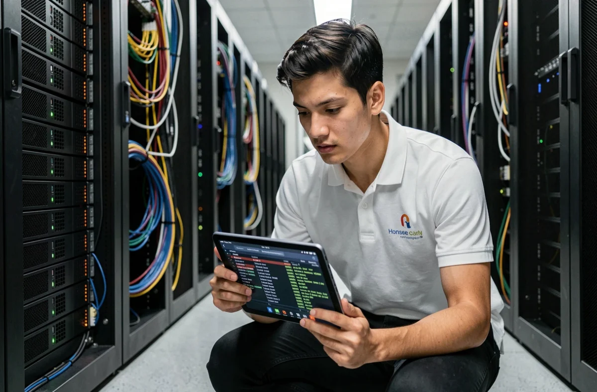 Technicien informatique analysant des logs de connexion Hairnet sur tablette dans une salle serveur