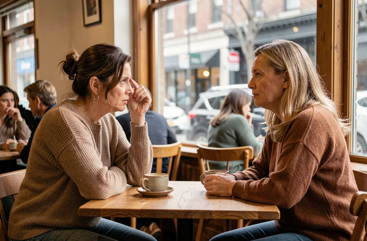 Deux femmes partageant leur expérience sur les regrets d'une chirurgie des paupières lors d'une conversation sincère dans un café