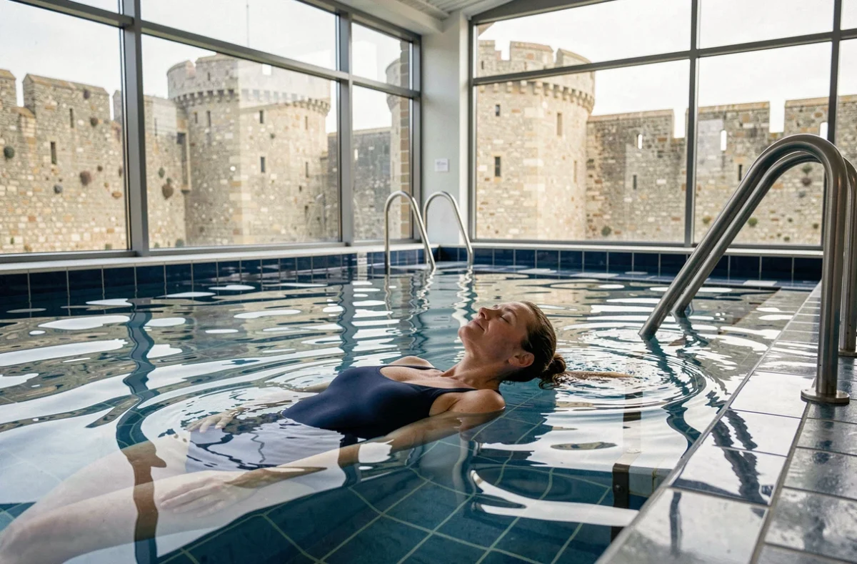 Femme flottant dans la piscine d'eau de mer des Thermes Marins de Saint-Malo avec les remparts historiques visibles en arrière-plan