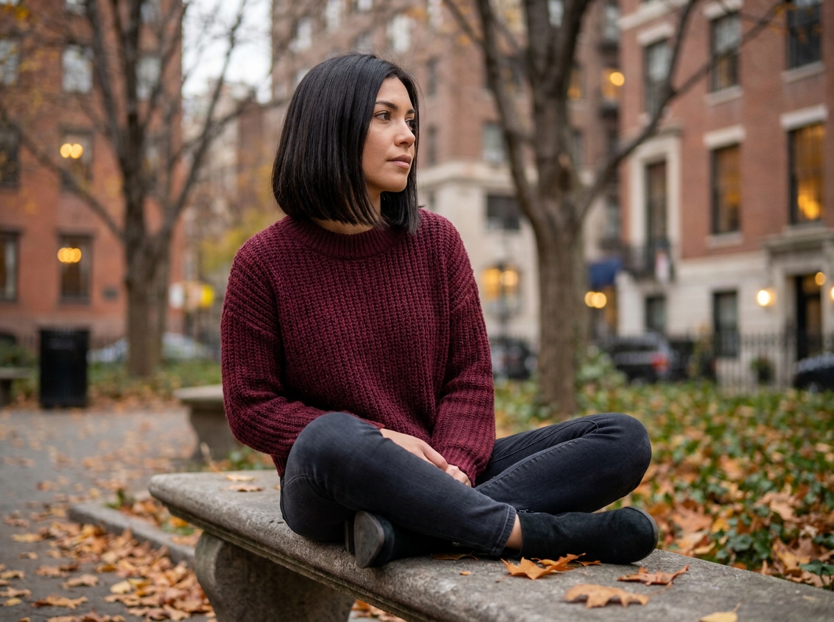 Jeune femme avec tissage lisse en carré plongeant assise dans un parc en automne, look urbain tendance