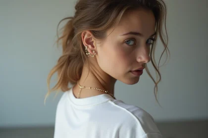 Femme montrant différents types de piercings d'oreille en or, incluant hélix, tragus, conque et lobe, vue de profil en studio