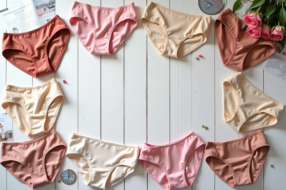 Disposition esthétique de sous-vêtements variés sur une table blanche
