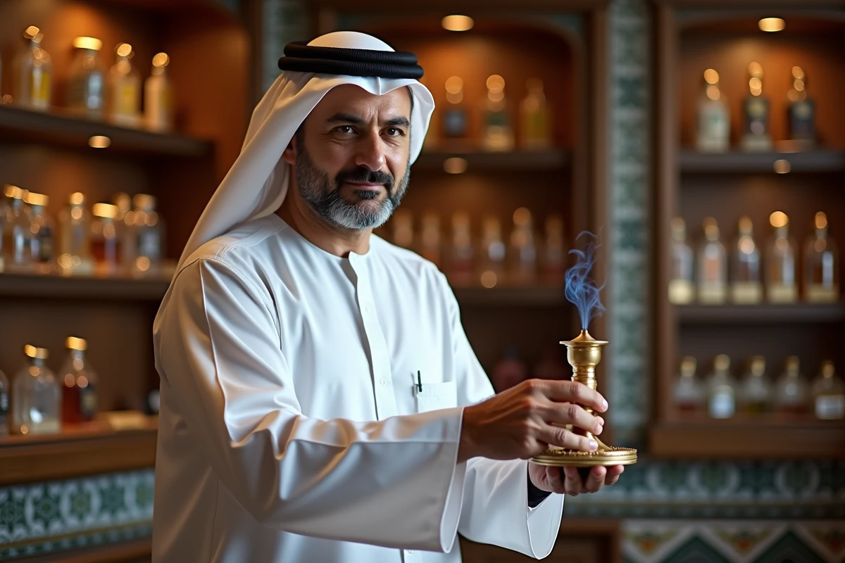 Homme en thobe blanc tenant un brûleur de bakhoor dans une parfumerie orientale aux étagères ornées de flacons Abdul Samad Al Qurashi