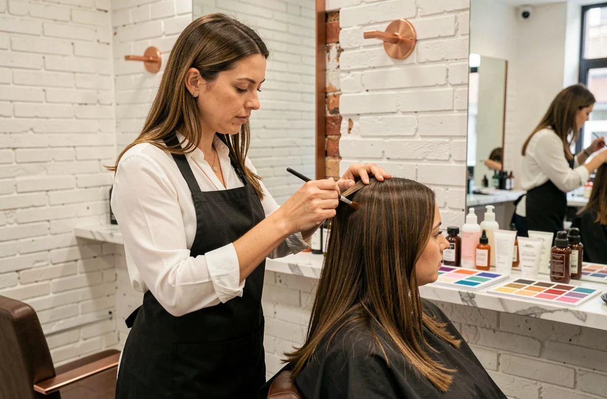 Coloriste professionnelle appliquant une couleur sur une cliente dans le salon Via Claudia à Nantes